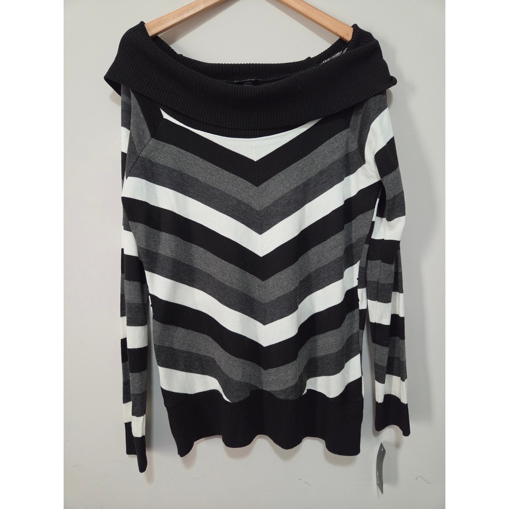Alyx Womens Off Shoulder Striped Sweater Black Grey‎ White Chevron XL NWT